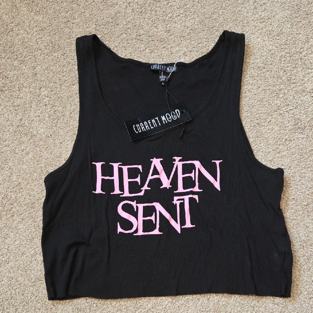 Current Mood Black Crop Top with Pink Print